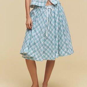 Maeve Blue and White Plaid Midi Skirt